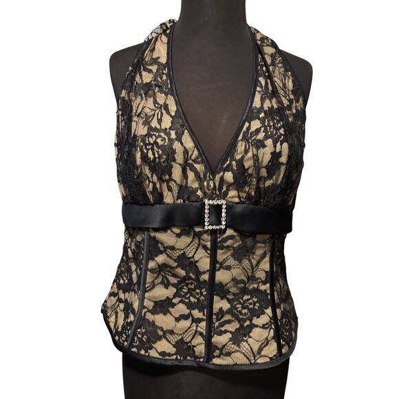 Cache Black Lace Floral Overlay Nude Mesh V Neck Halter Rhinestone Buckle Sz L - Picture 1 of 7